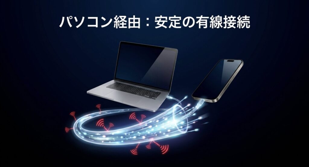 パソコンとiPhoneをケーブルで有線接続し、データを高速転送しているイメージ画像