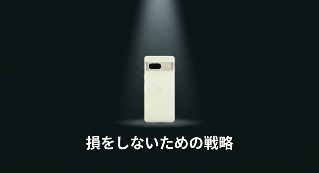 Google Pixel 7の市場価値を踏まえ、損をしないための買い替え戦略について解説するスライド画像