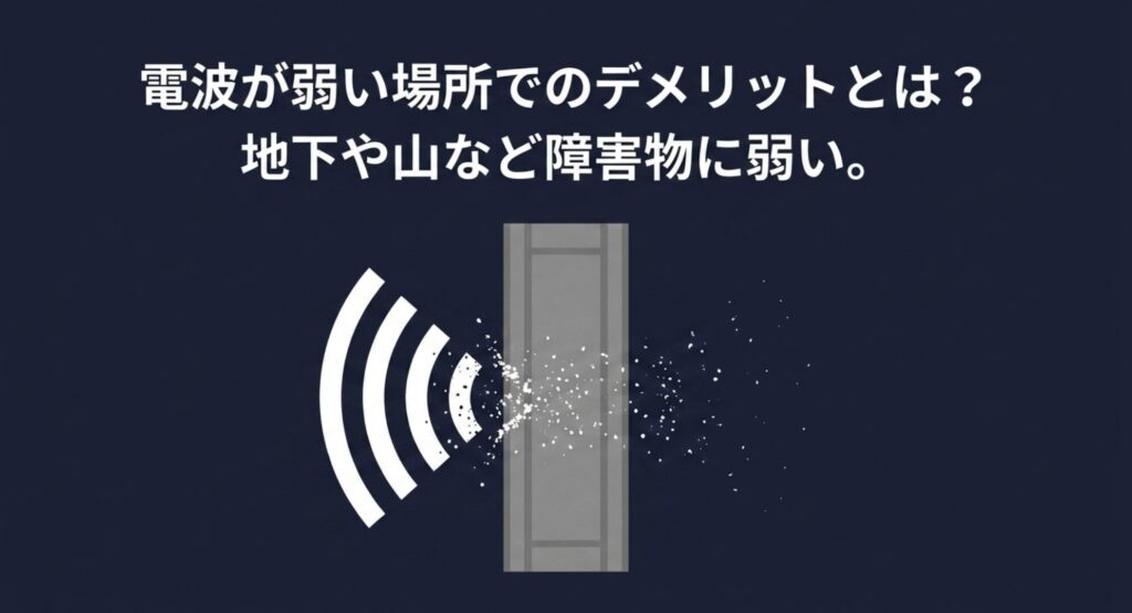 壁に電波が遮断されているイラスト。地下や山間部など障害物に弱いというサクッとWi-Fiのデメリットを表現した画像