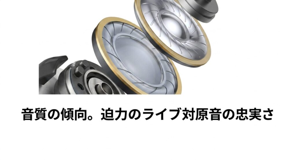 Ankerの迫力あるライブサウンドとAppleの原音に忠実なフラットサウンドによる音質の傾向を比較したスライド