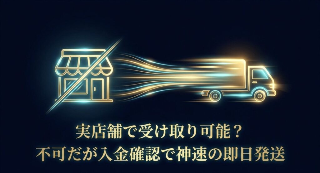 ダイワンテレコムは実店舗受け取り不可であるものの、入金確認による神速の即日発送に対応していることを解説するスライド画像