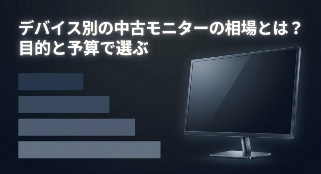 一般事務からゲーミングまで、デバイス別・目的別の中古モニターの価格相場表を示すスライド