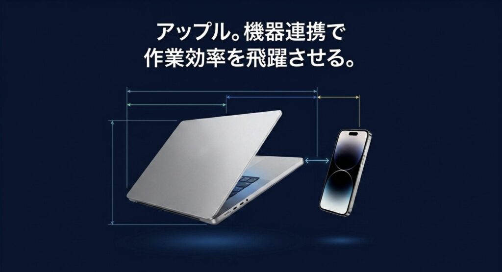 iPhoneとMacBookの機器連携による作業効率の飛躍を示すイメージ画像