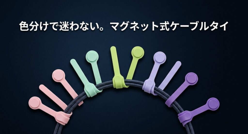 配線を色分けして論理的に管理できるマグネット式カラーケーブルタイ