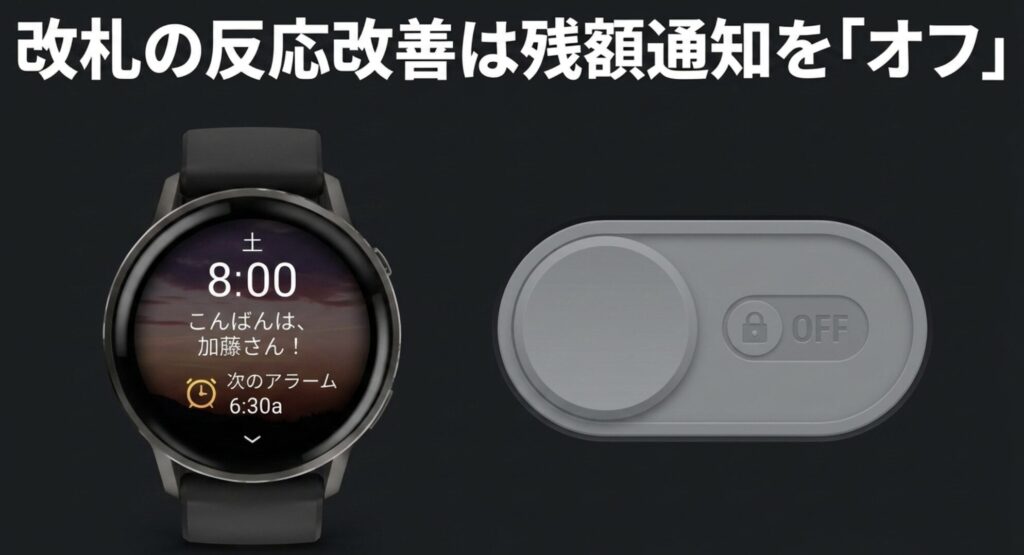 Garminで改札の反応が悪い時は、設定からチャージ残額通知をオフにすることで通信が改善されることを解説したスライド