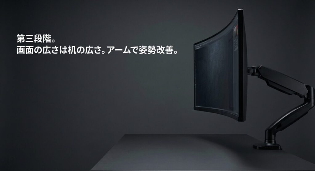 画面の広さは机の広さであり、アームで姿勢改善ができることを解説したスライド