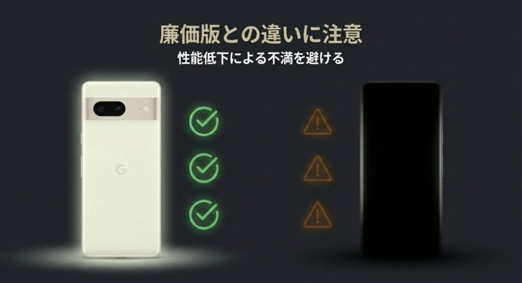 Pixel 7から廉価版であるPixel 7aへ移行する際の性能低下や不満を避けるための注意点を示すスライド画像