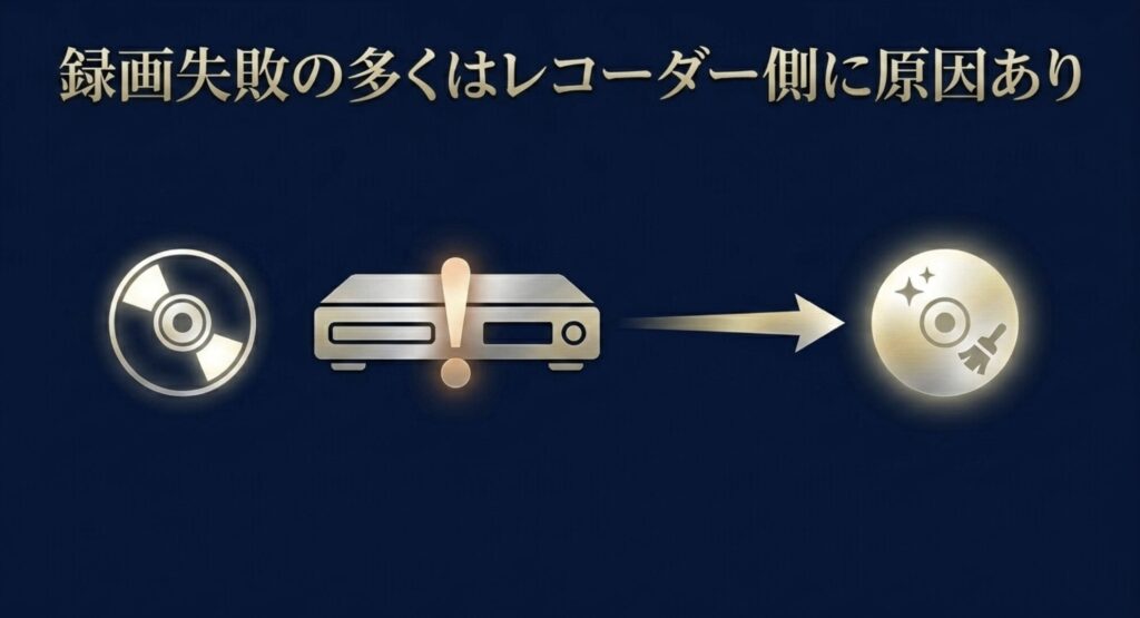 ブルーレイディスクが録画できない・エラーになる原因の多くはレコーダー側にあることを示す図解