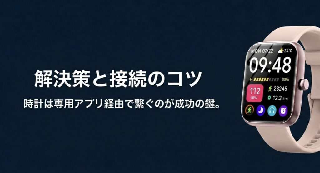 Bluetooth接続はスマホ標準設定ではなく専用アプリ経由で行うのが成功の鍵であると解説する接続トラブル解決スライド