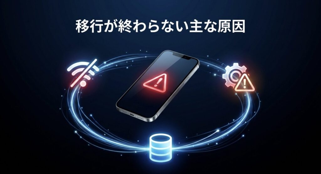 通信エラーやシステムエラーなど、iPhoneのデータ移行が終わらない原因を表したイメージ画像
