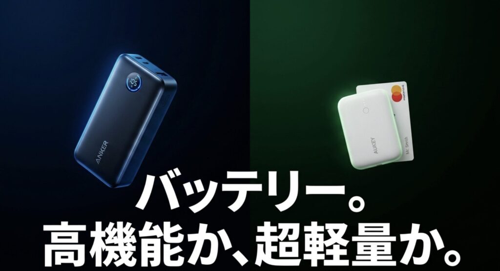 モバイルバッテリー選びにおける、Ankerの高機能モデルとAUKEYの超軽量モデルの比較画像