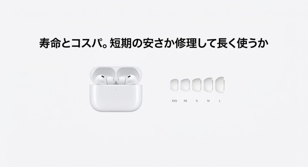 イヤホンの寿命とコスパについて、短期的な安さを取るか修理して長く使うかの比較を解説したスライド