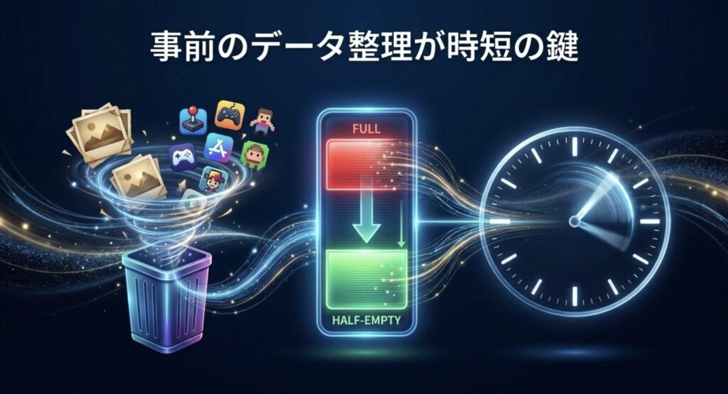 不要なデータをゴミ箱に捨ててiPhoneの容量を空け、移行時間を短縮しているイメージ画像