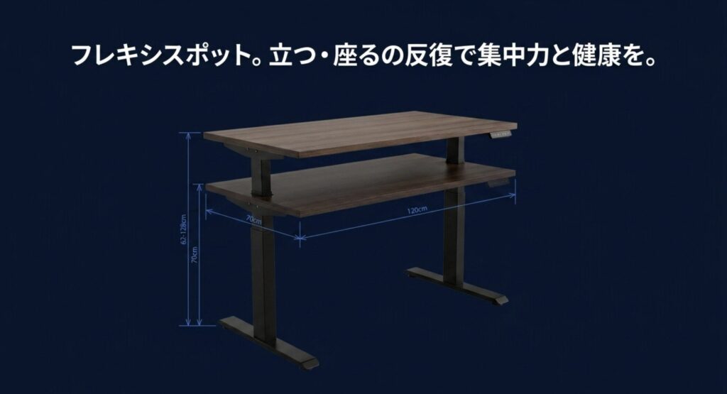 立つ・座るの反復で集中力と健康を高めるFlexiSpot電動昇降デスクの寸法図