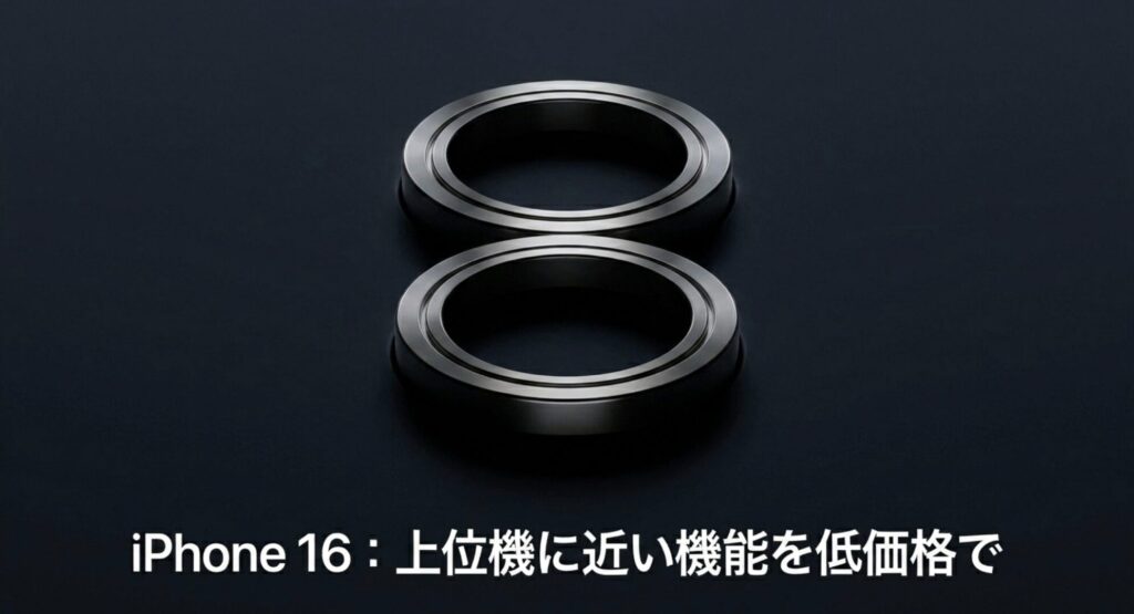 型落ちのiPhone 16を選ぶことで上位機に近い機能を低価格で得られるメリットを解説するスライド