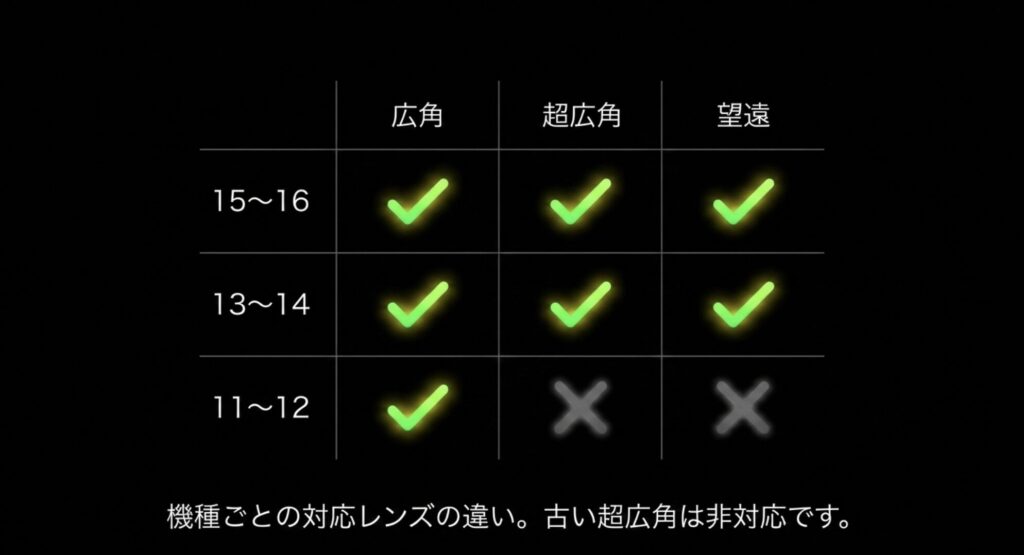 iPhoneの世代によるナイトモード対応レンズの違い、古い超広角レンズは非対応