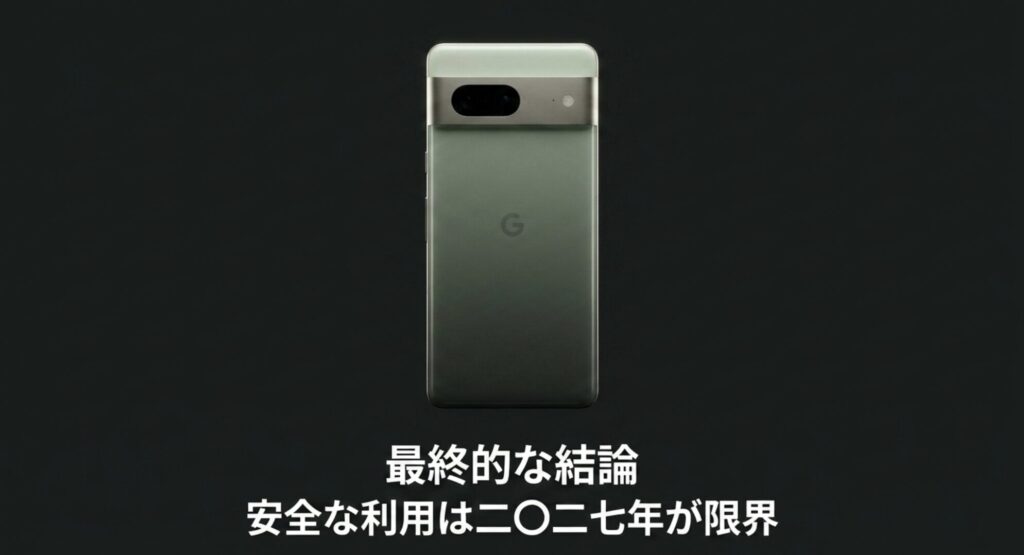 Google Pixel 7を安全に利用できる限界は2027年であるという最終的な結論をまとめたスライド画像