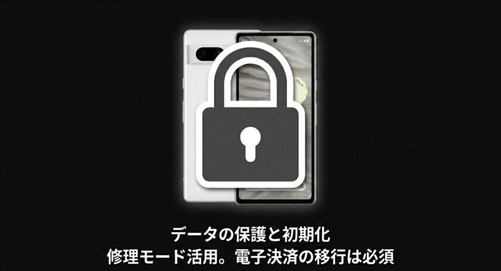 修理モードの活用方法や、おサイフケータイなどの電子決済の移行が必須であることを注意喚起するスライド