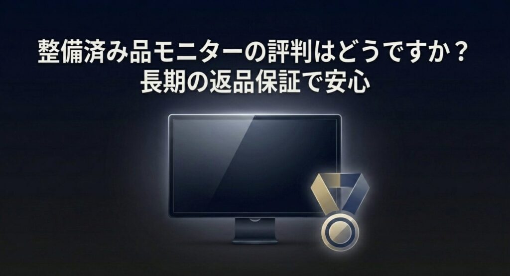 整備済み品モニターの評判について、長期の返品保証があり万が一の際も安心できる理由を解説するスライド