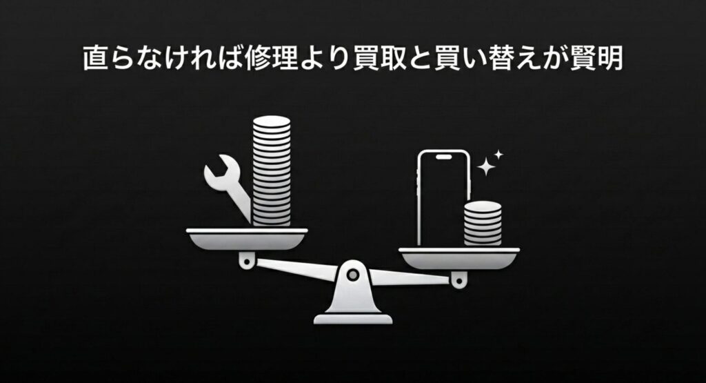 修理費用と新しいiPhoneへの買い替え費用を天秤にかけて比較しているイラスト画像