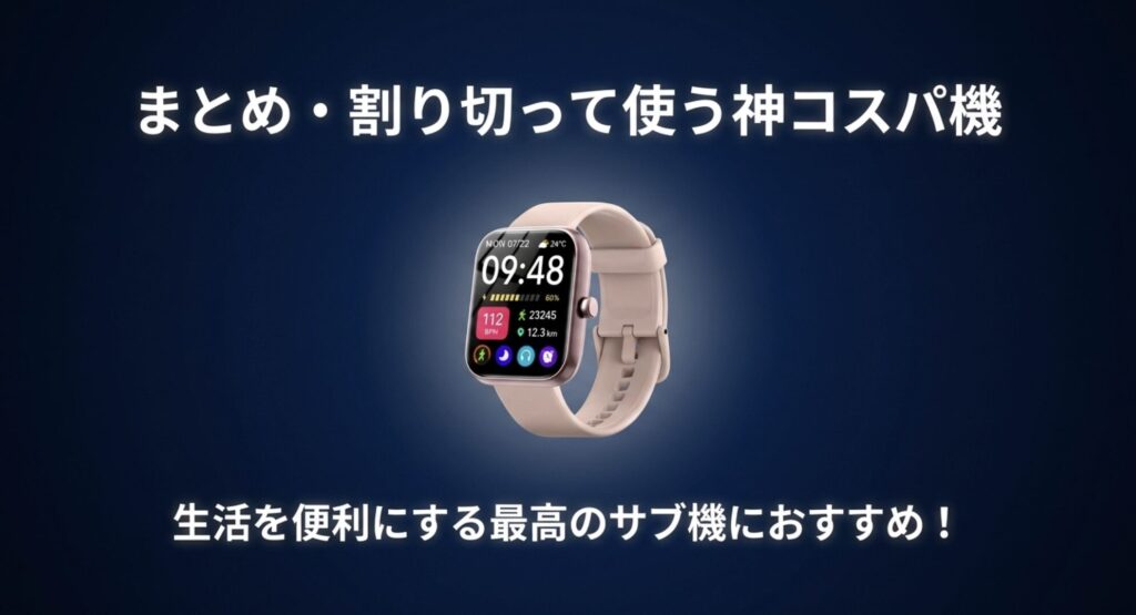 割り切って使う神コスパ機として、生活を便利にする最高のサブ機におすすめであるとまとめた最終スライド
