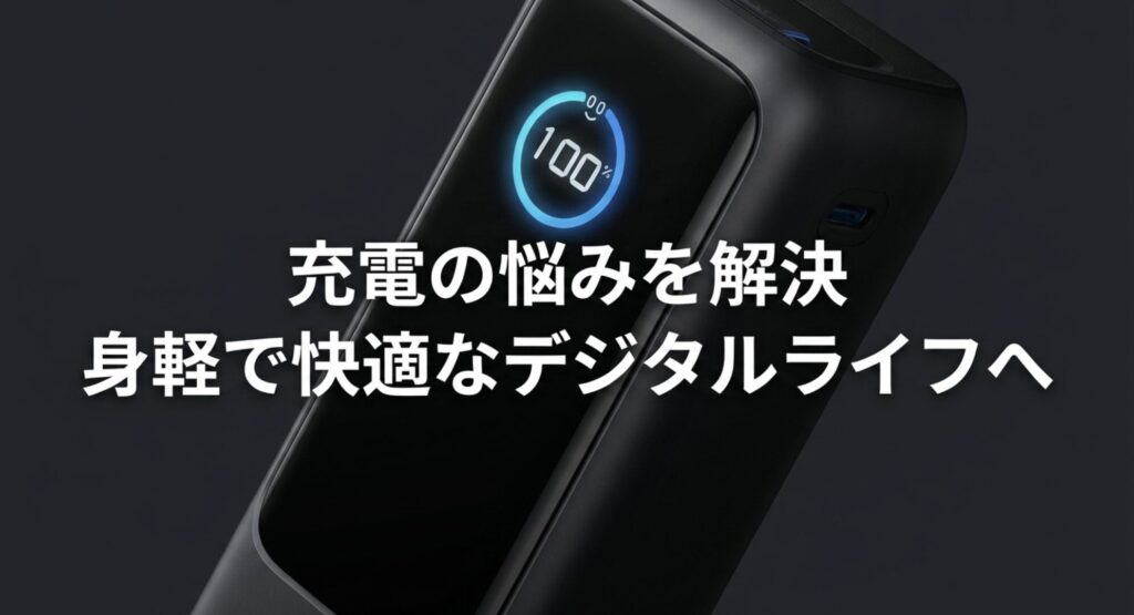 充電にまつわる悩みを解決し身軽で快適なデジタルライフへ導くことをまとめたスライド画像