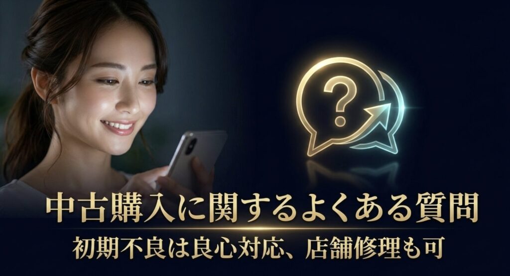 ダイワンテレコムでの中古購入に関するよくある質問と、初期不良への良心的な対応についてまとめたスライド画像