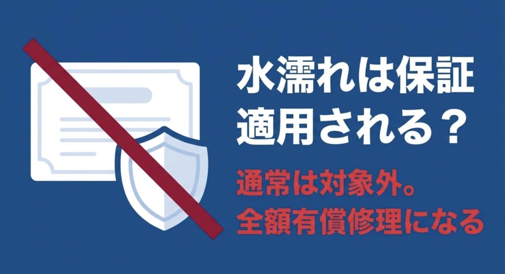 水濡れによる故障が原則としてメーカー保証の対象外になることを示す保証書と盾のアイコン