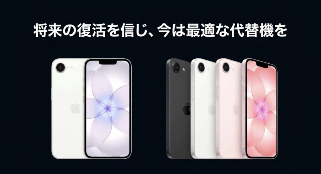 将来のiPhone 17 mini復活を信じつつ、現在は最適な代替機を選ぶべきという結論のスライド