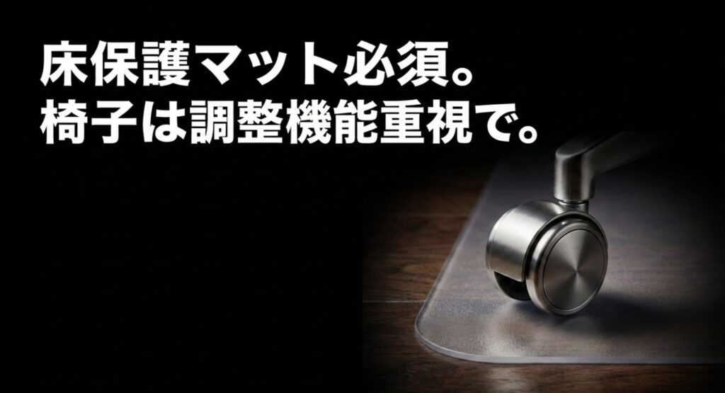 床保護マットの必須性や椅子の調整機能重視など、デスク環境構築に関する疑問解消のスライド