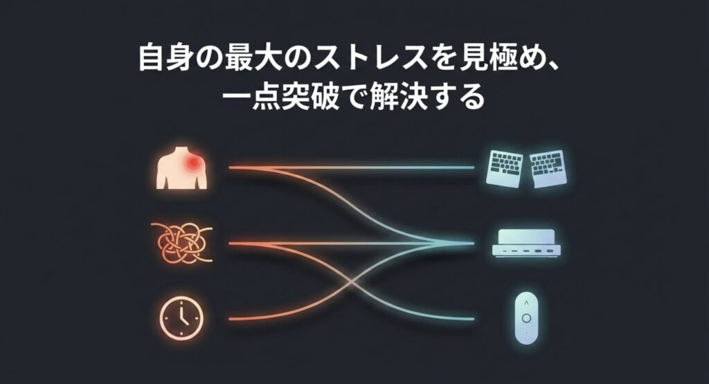 自身の最大のストレスを見極め、必要なアイテムで一点突破して解決することを示すスライド