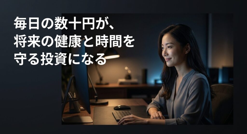 毎日の作業環境への投資が、将来の健康維持と時間短縮につながることを表すスライド