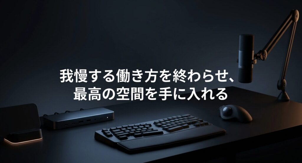 我慢する働き方を終わらせ、最高のデスク空間を手に入れるためのメッセージスライド