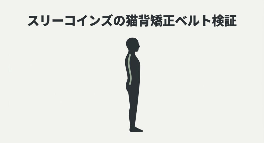 スリーコインズの店舗と猫背矯正ベルトのパッケージのイラストにクエスチョンマークが描かれた、過去に美姿勢ベルトとして販売されていたことを説明する画像。