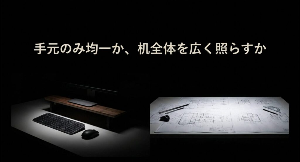 モニターライトは手元のみ均一に照らし、デスクライトは机全体を広く照らすという配光設計の違いの比較