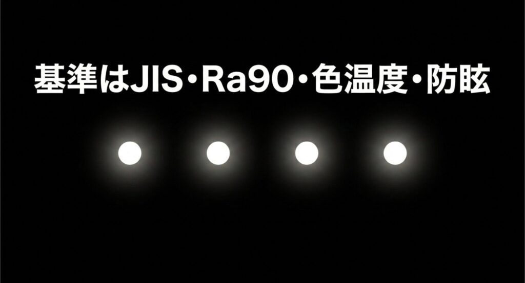 目に優しい照明を選ぶための基準として、JIS規格、演色性（Ra90）、色温度、防眩の4つを挙げたスライド