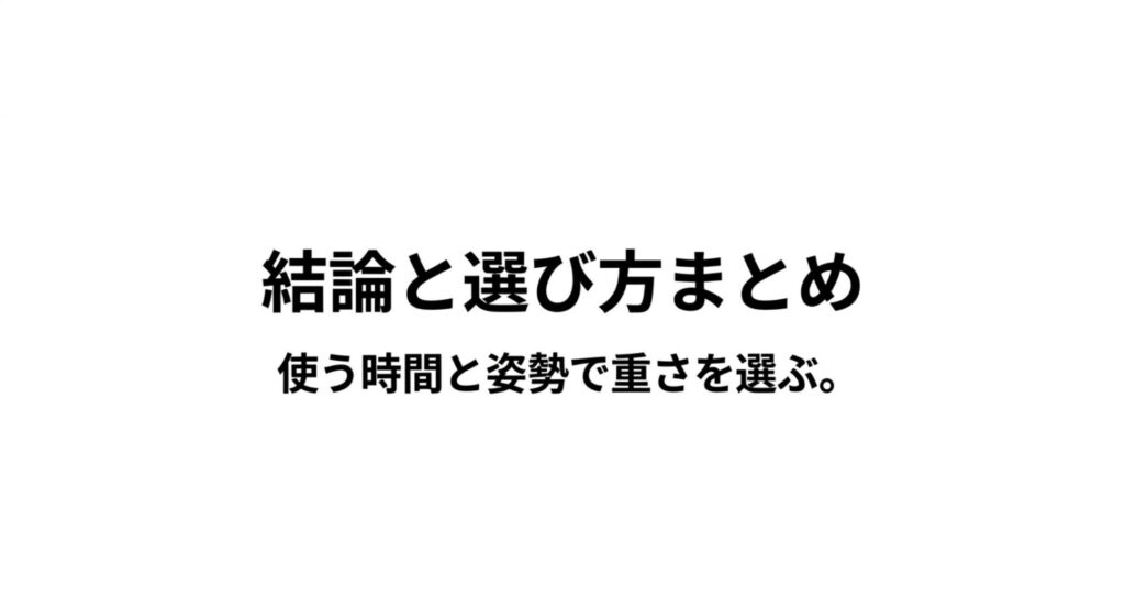 結論と選び方まとめのスライド。使う時間と姿勢で重さを選ぶと書かれている。