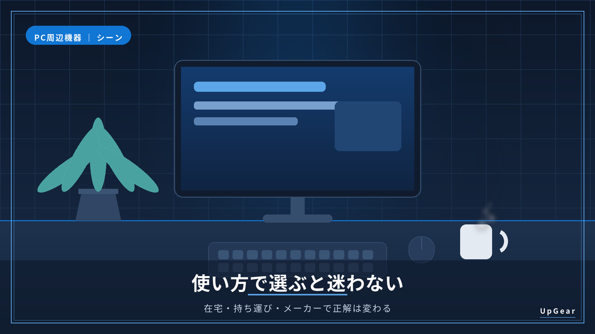 在宅と持ち運びなど使い方でPC周辺機器を選び分けるイメージ