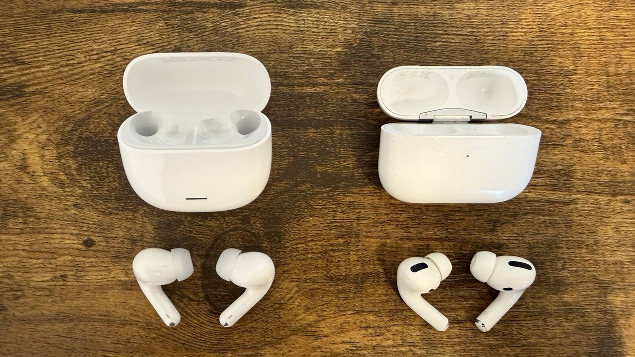 Redmi Buds 8 LiteとAirPods Proのイヤホン本体の形状比較。カナル型で形がよく似ている