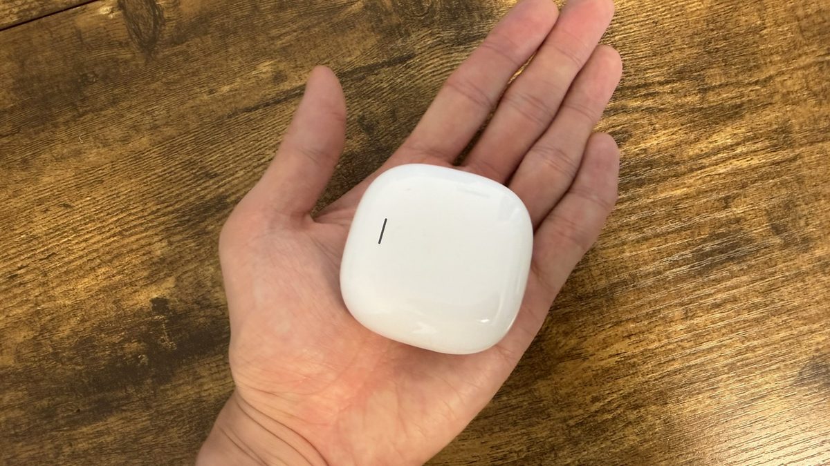 Redmi Buds 8 Liteの充電ケースを手のひらに乗せたサイズ感。手のひらにすっぽり収まるコンパクトさ