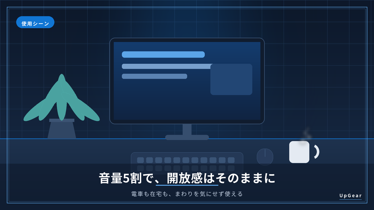 イヤーカフ型イヤホンを電車や在宅で音漏れを気にせず使う使用シーンのイメージ
